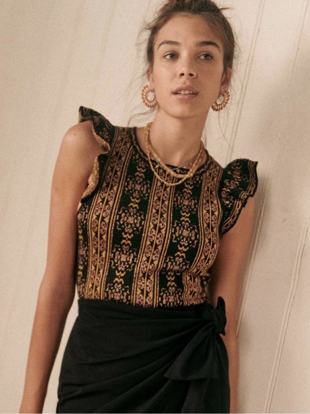 Sezane Emma Flutter Sleeve Knit Geometric Top Small
